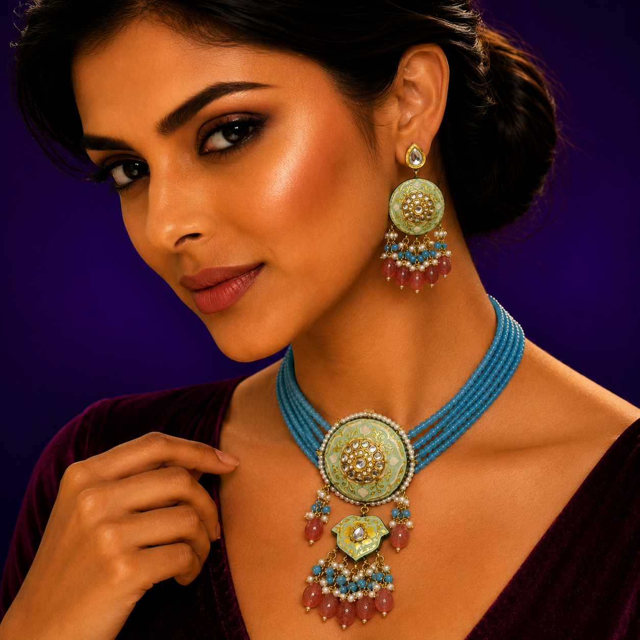 HANDPAINTED MEENAKARI BLUE NECKLACE WITH MONALISA BEADS