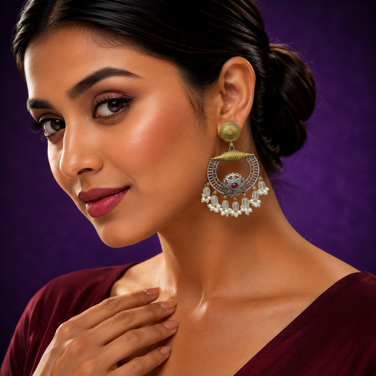 Sandhi Gold Plated Silver Look Alike In Ruby And Water Drops Earings For Women