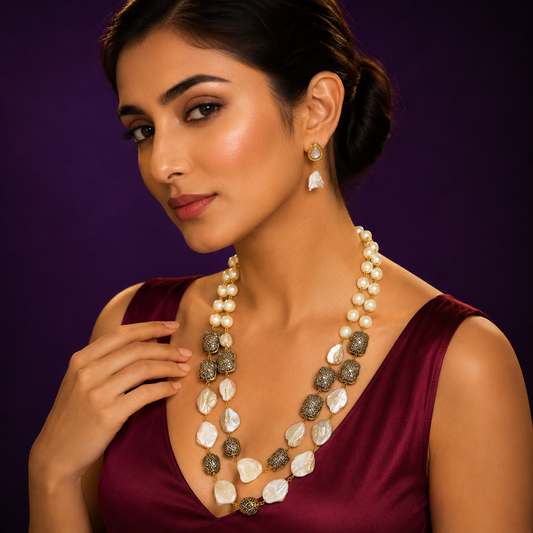 Pearls with duzy stones in double layered mala for women