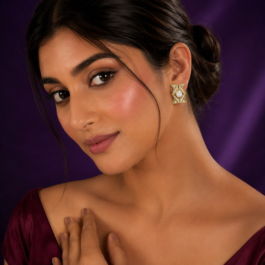 GOLDEN AND WHITE KUNDAN STUDS FOR WOMEN