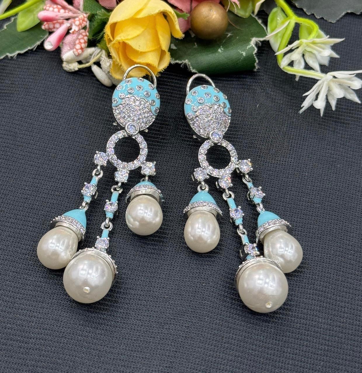 Pearl With CZ Long Earrings