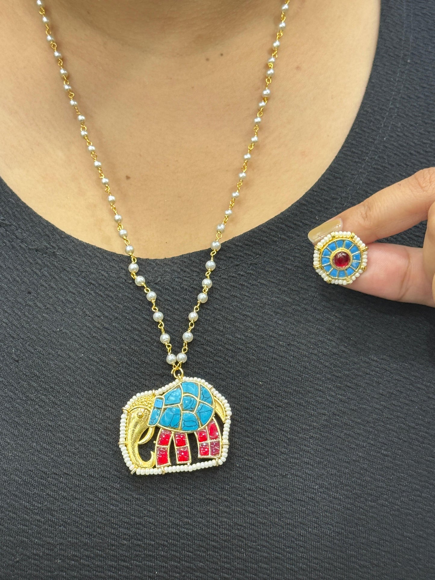 Firoza Elephant Pachi Pendant Set