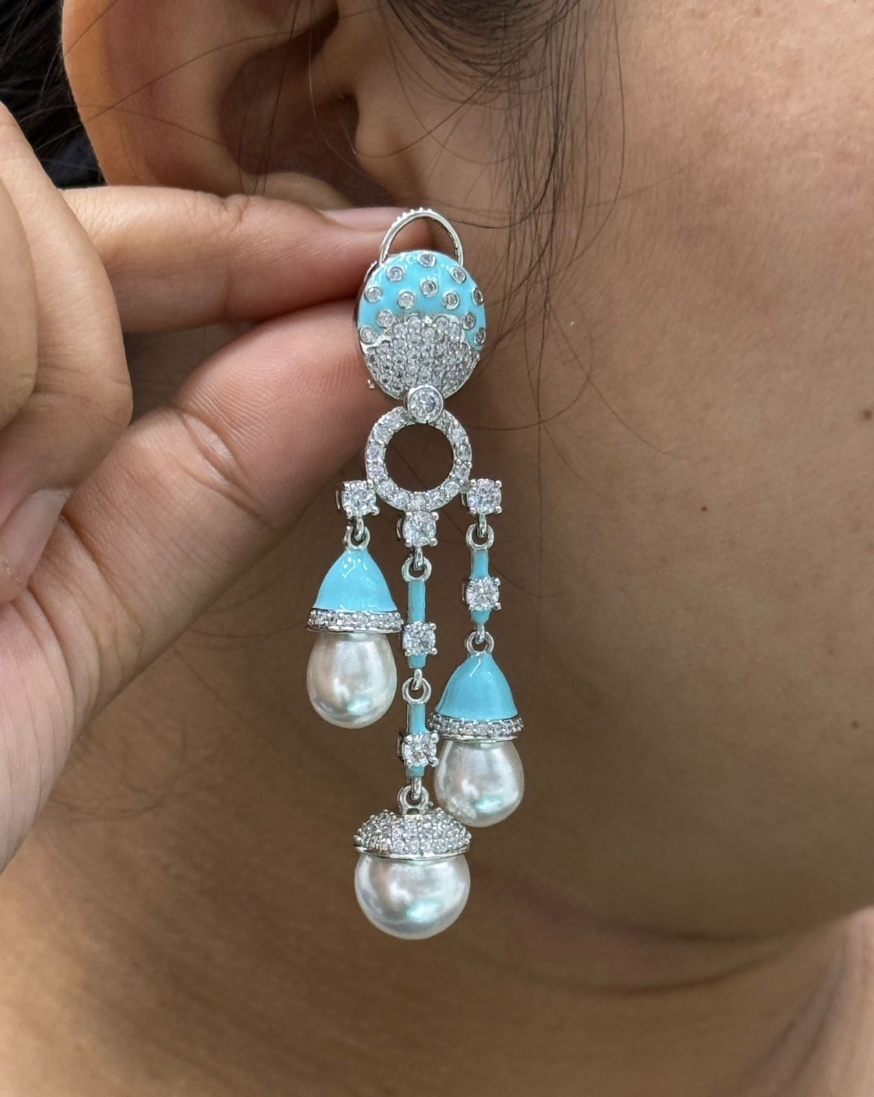 Pearl With CZ Long Earrings