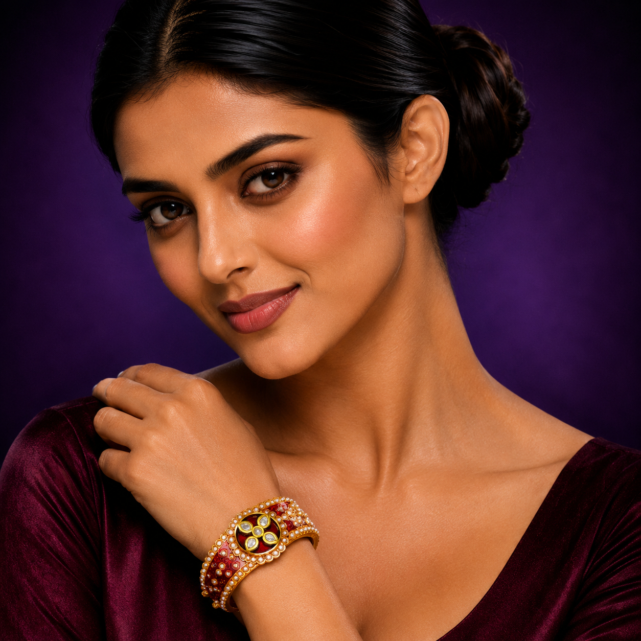 Pearl With Kundan Bracelet in red for woman