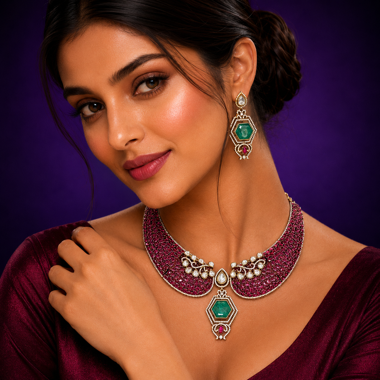 Hasli With Mossanite Kundan  in Ruby For Women