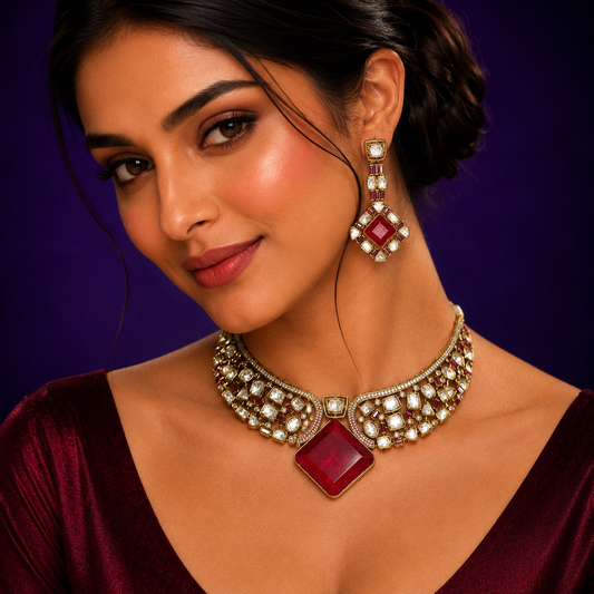 Kundan With Doublet Stone Hasli In Red For Women
