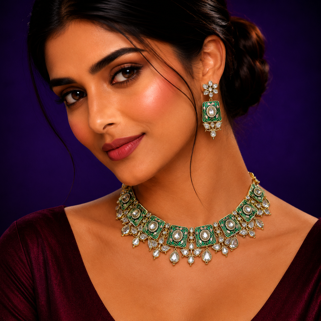 Meenakari With Kundan Necklace In Mint For Women