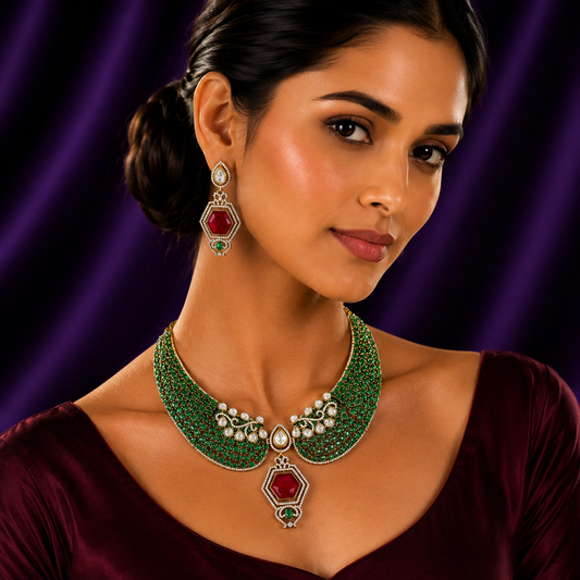 Hasli With Mossanite Kundan   in Green For Women