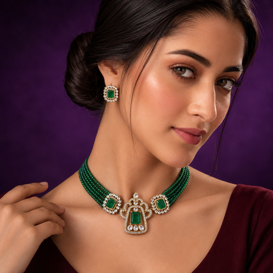 Emerald Green Beaded Kundan Doublets Choker