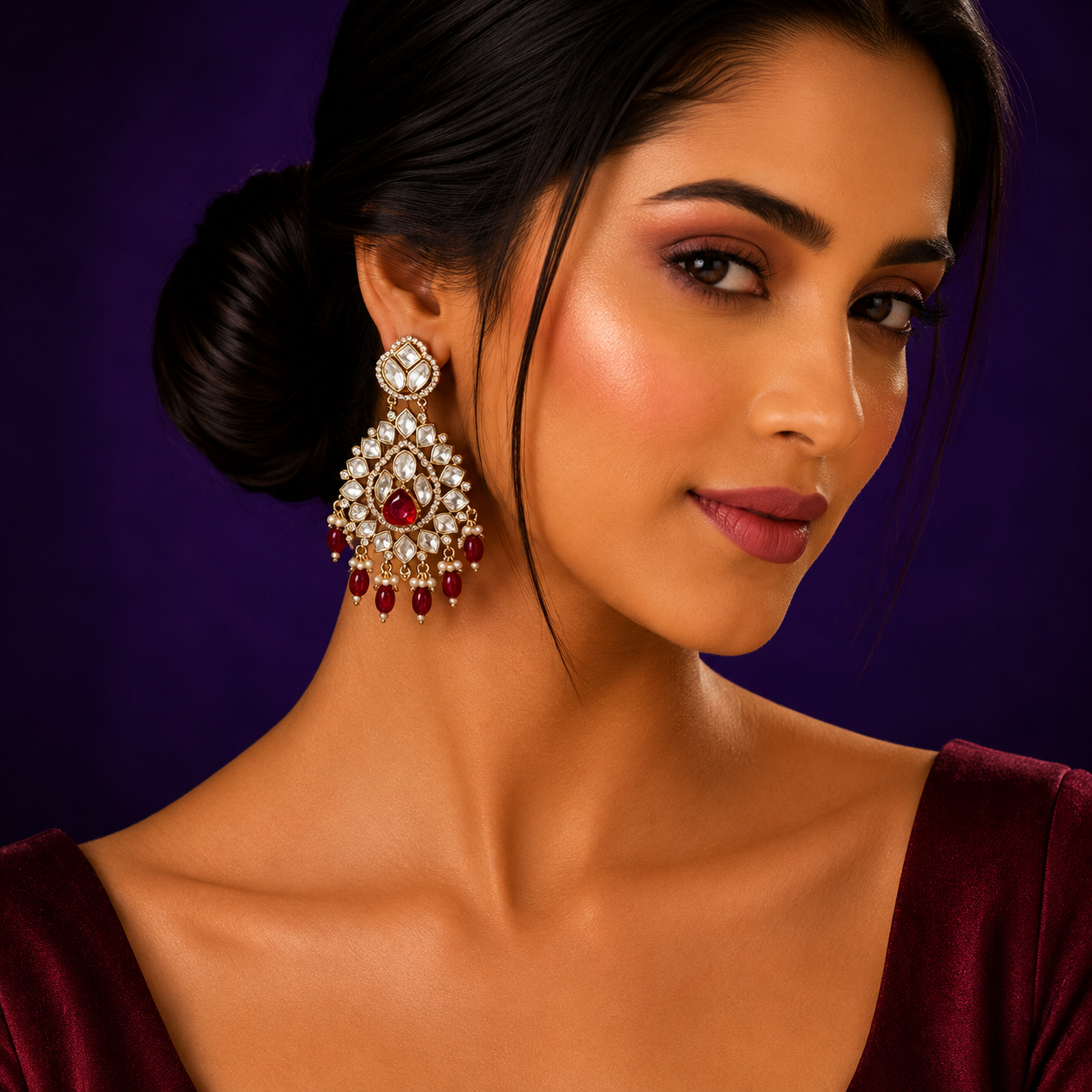 Sahiba Red Stone Kundan Earrings