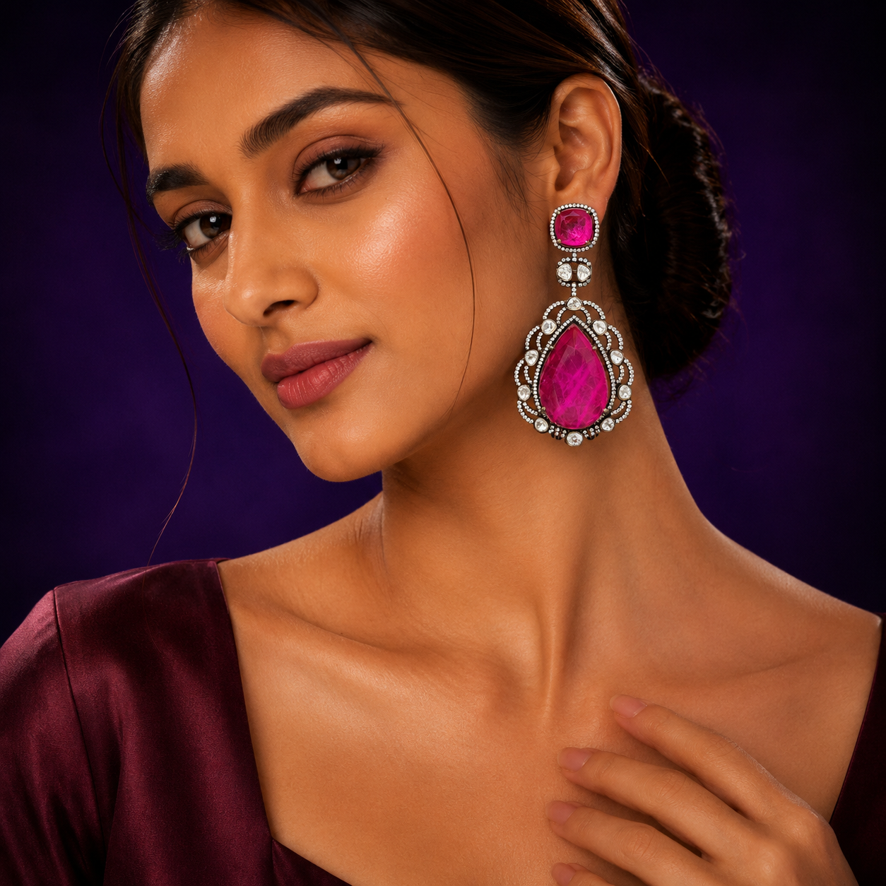 Victorian Finish Fusia Doublets Long Earrings