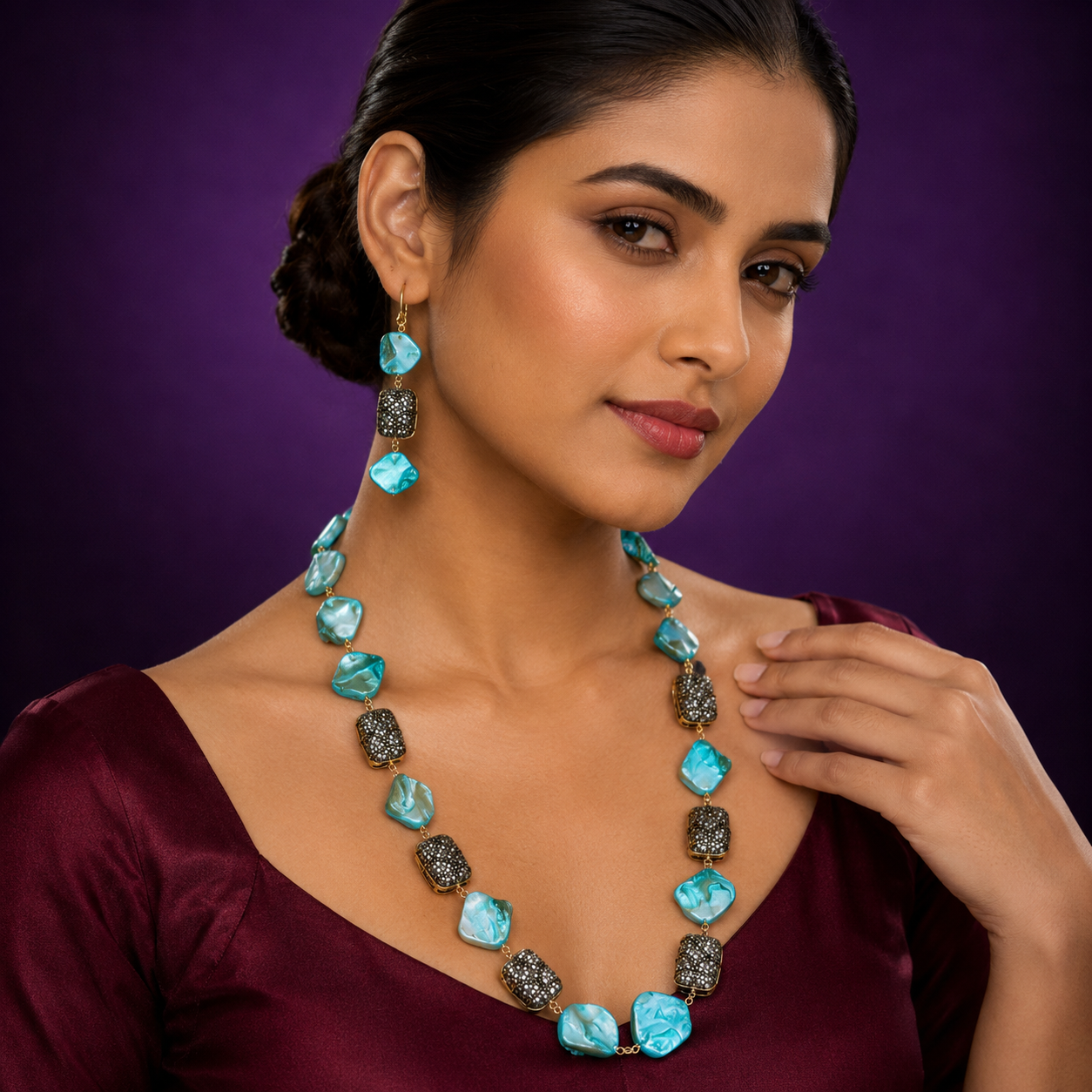baroque with tanjore beading mala green for woman