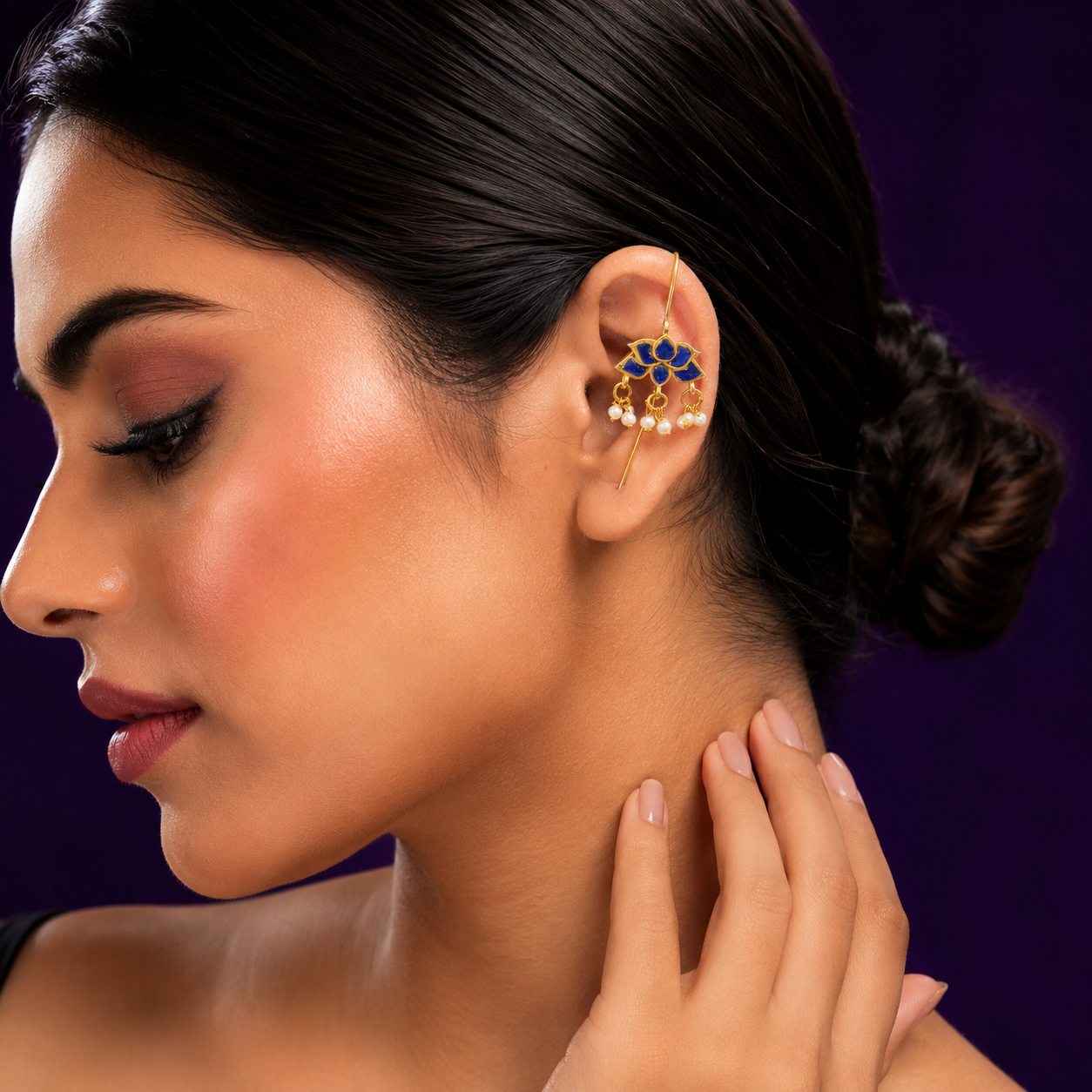 Traditional Lotus Motiff Blue Earcuff