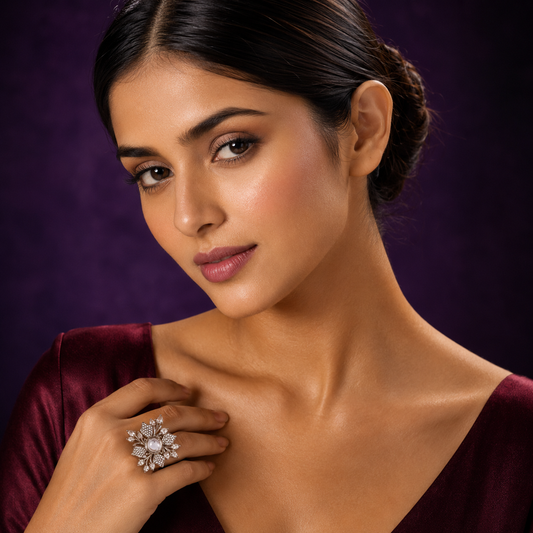 Leafy With Pearl CZ Ring for woman