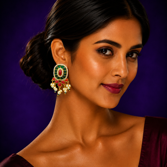 Coral Green Gold Plated Jadau Earrings