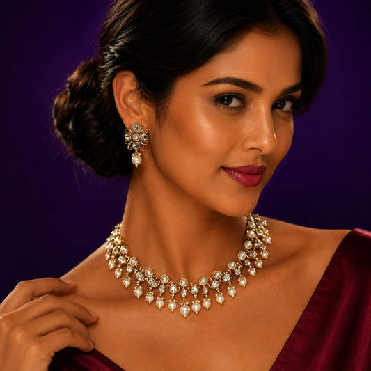 Sunheri Kundan Pearl Hanging Necklace