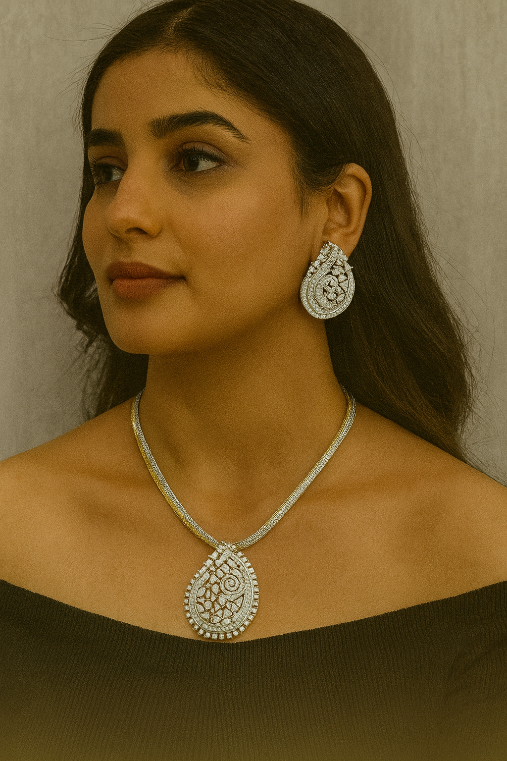 Elegant Paisley Diamond-Cut Pendant & Earrings Set