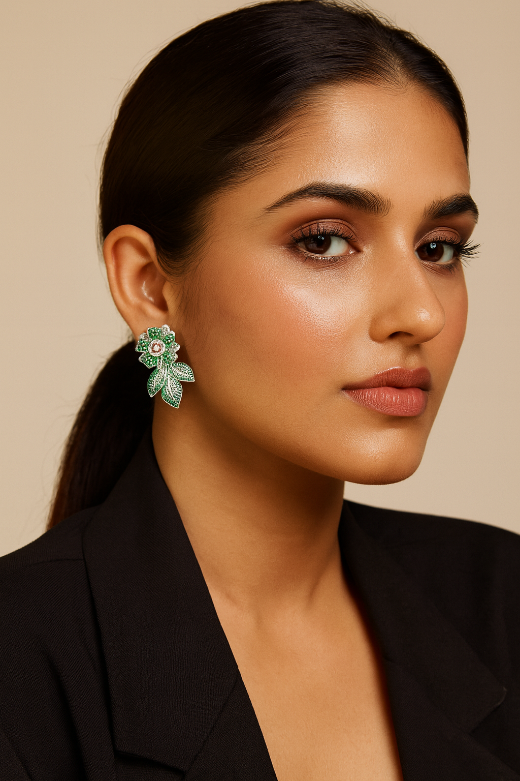 Green Crystal Floral Leaf Earrings for women