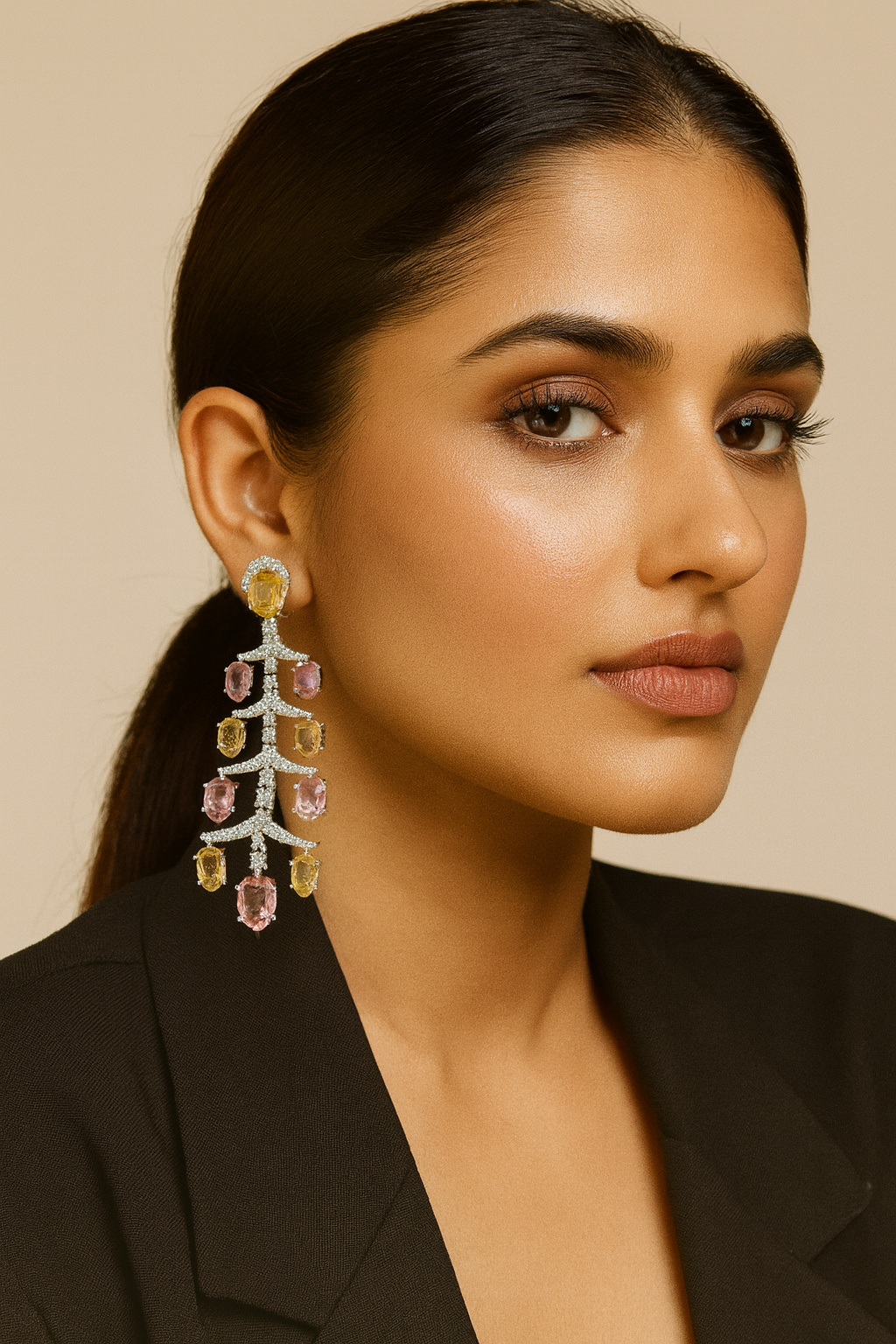 Pink & Yellow Crystal Chandelier Earrings for women