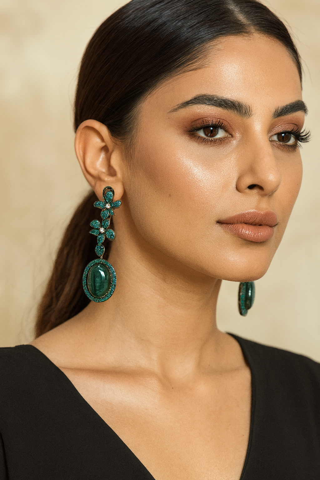 Elegant Green Stone Earrings with Crystal Flowers for Women and Girl