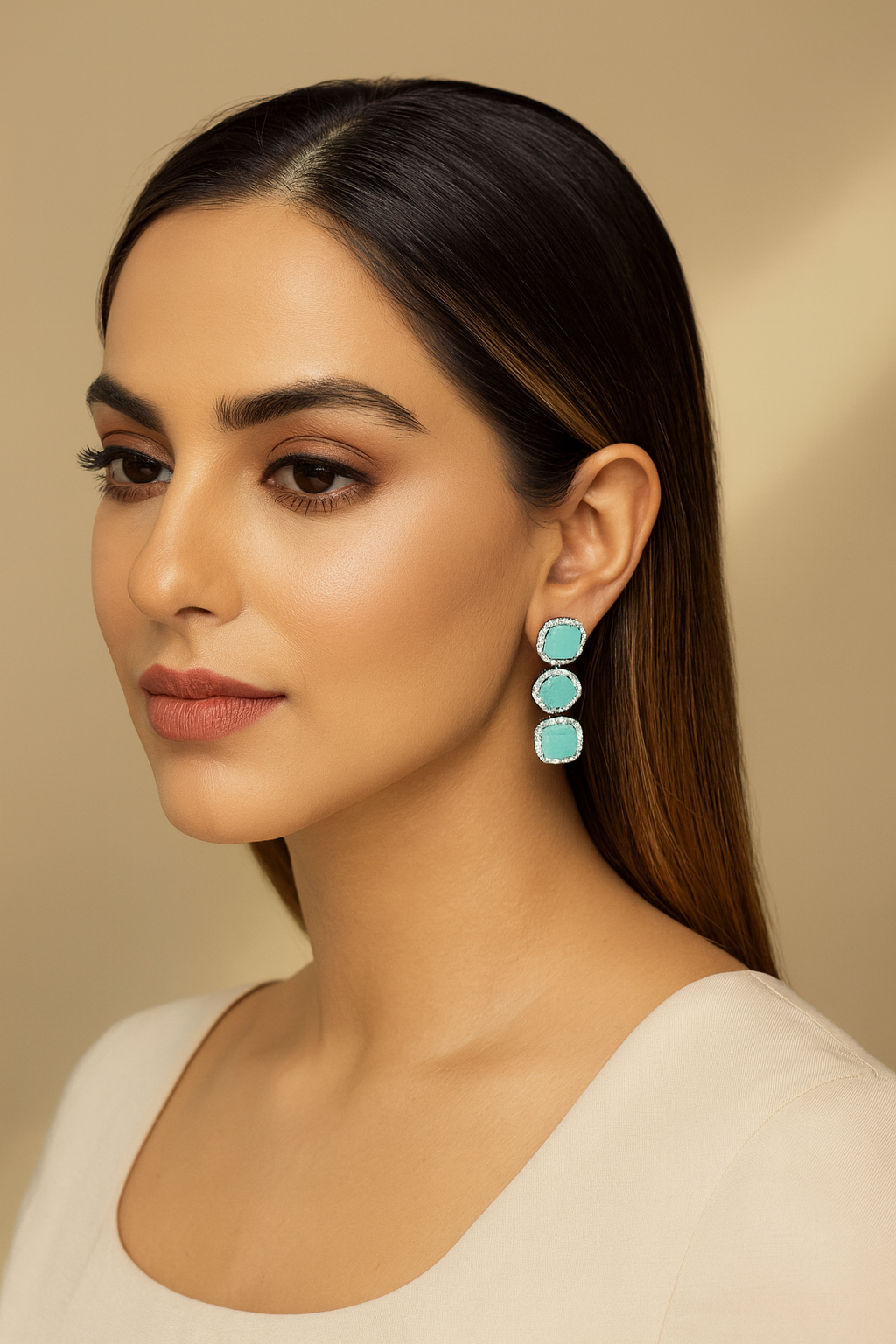 Mint colour Turquoise Triple Stone Drop Earrings
