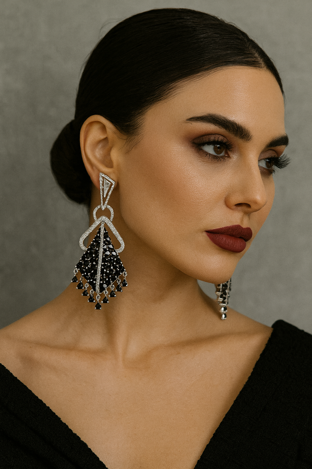 Unique Statement Earrings with Black Stones and Sparkling Drops