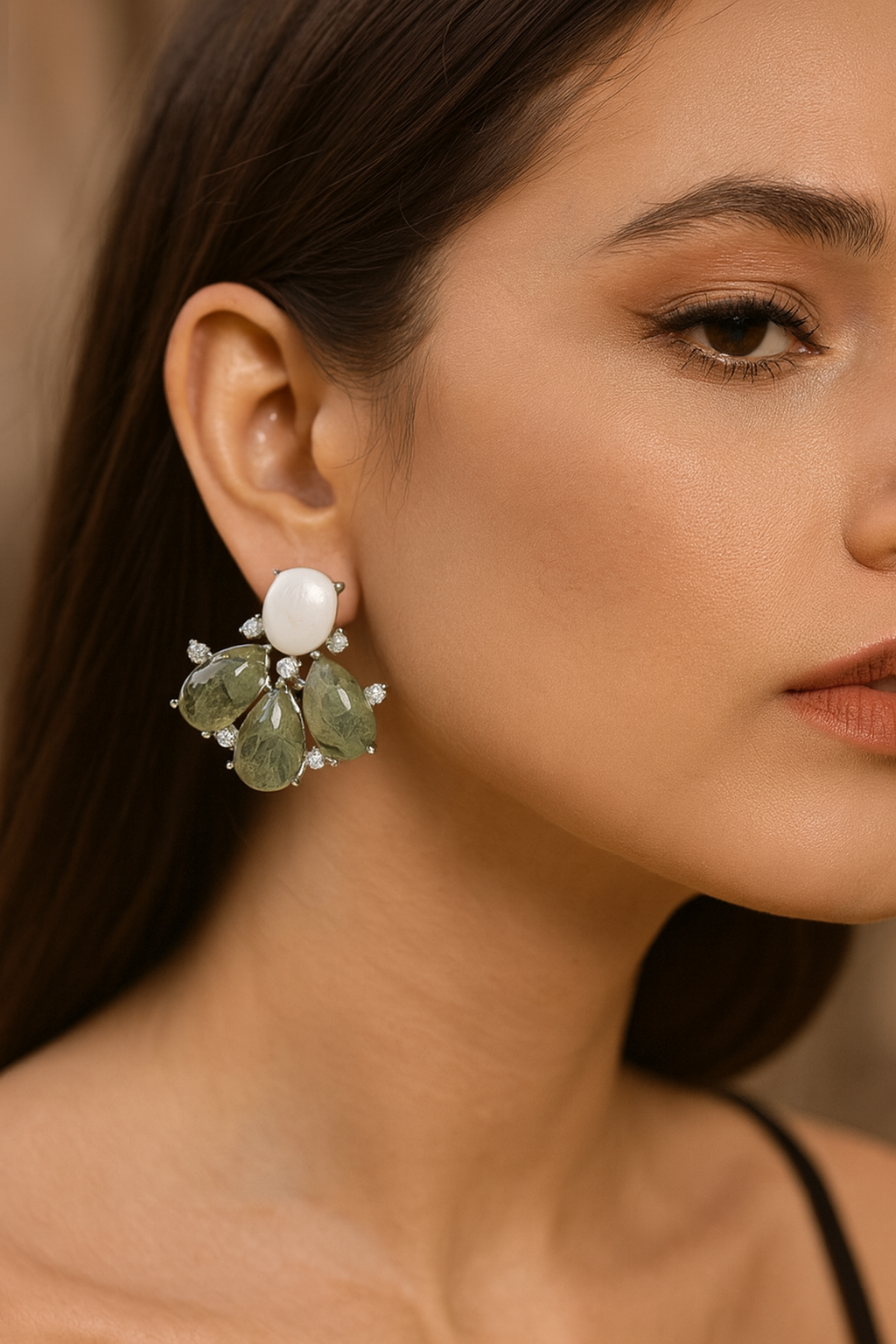 Handcrafted Amethyst & MOP Cluster Green Earrings with Sparkling CZ stone