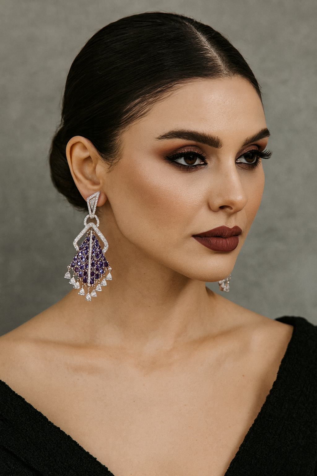 Unique Statement Earrings with Purple Stones and Sparkling Drops
