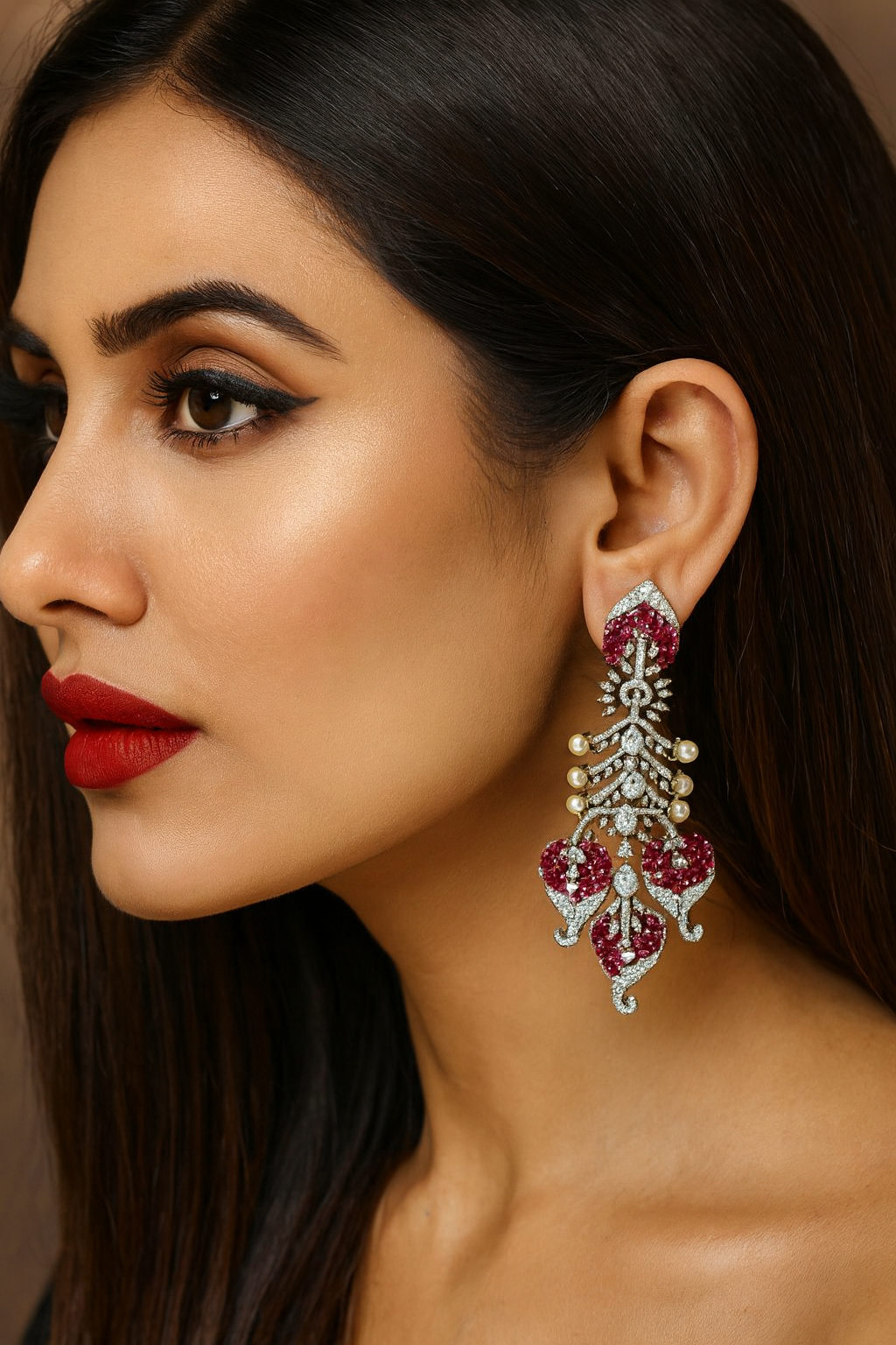 Elegant Long Earrings with Red Stones, Pearls & Gold Crystals