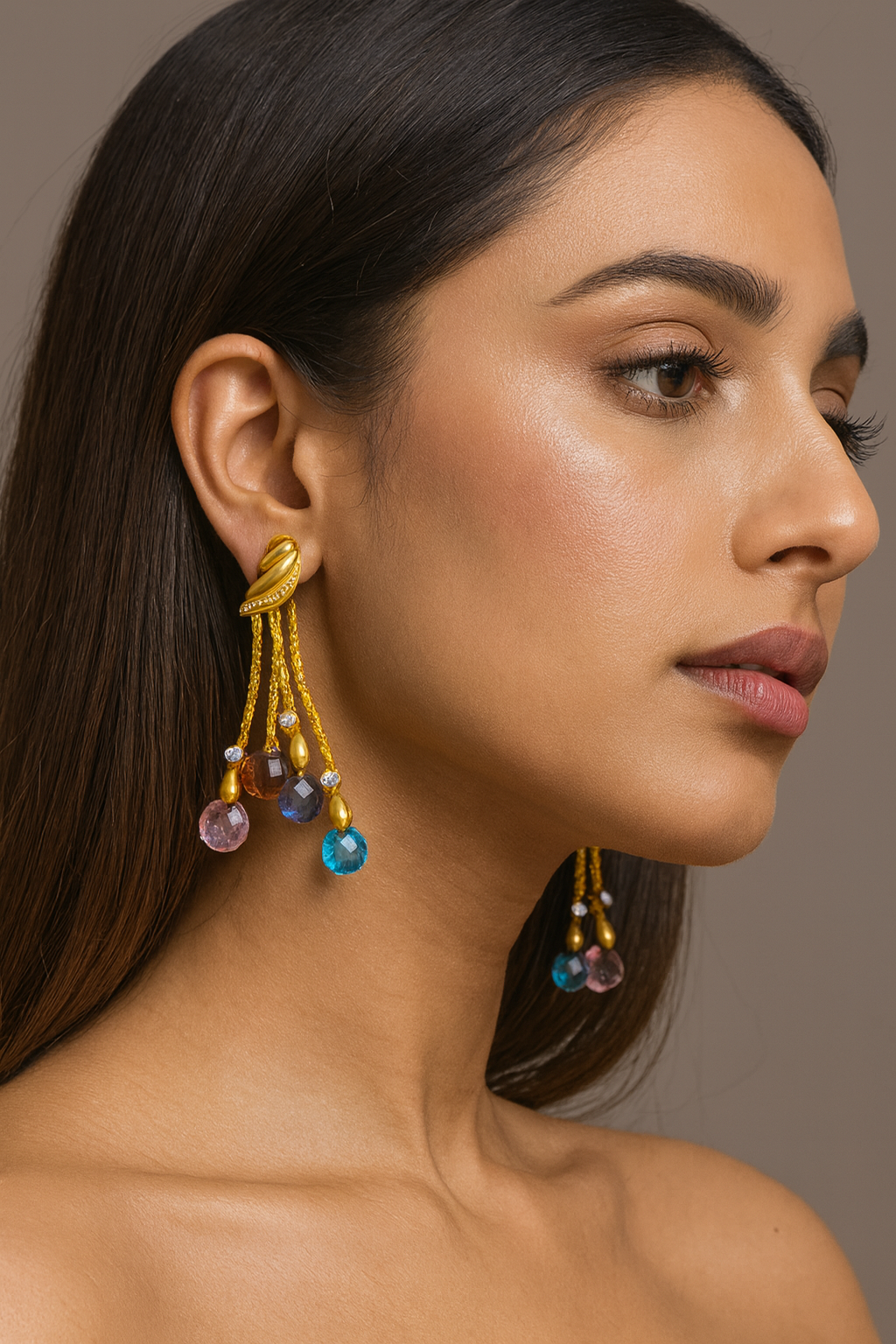 Elegant Gold Chain Earrings with Colorful CZ Stone