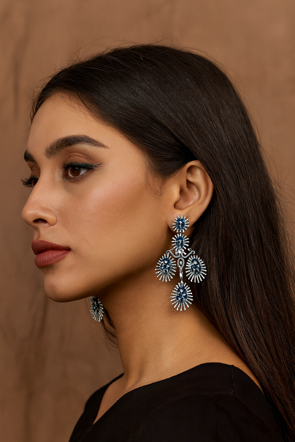 Glamorous Long Drop Earrings with Blue and CZ stone