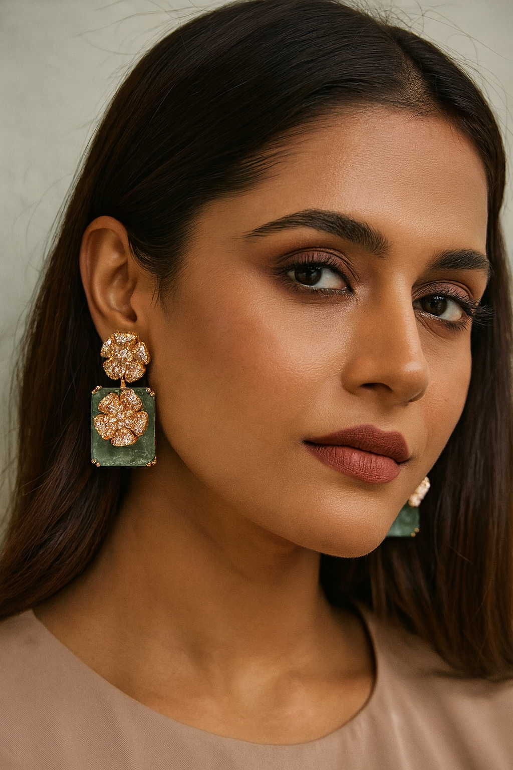 Gold-Plated Floral Crystal Earrings with Green Stone