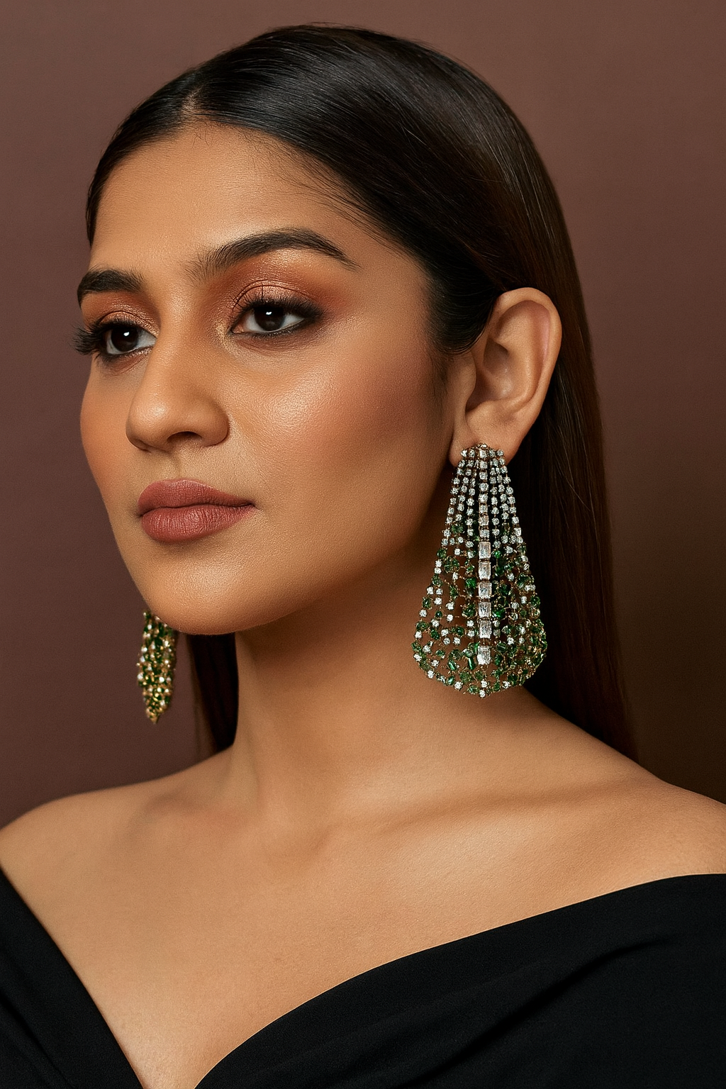 Elegant Green Teardrop and CZ Long Statement Earrings
