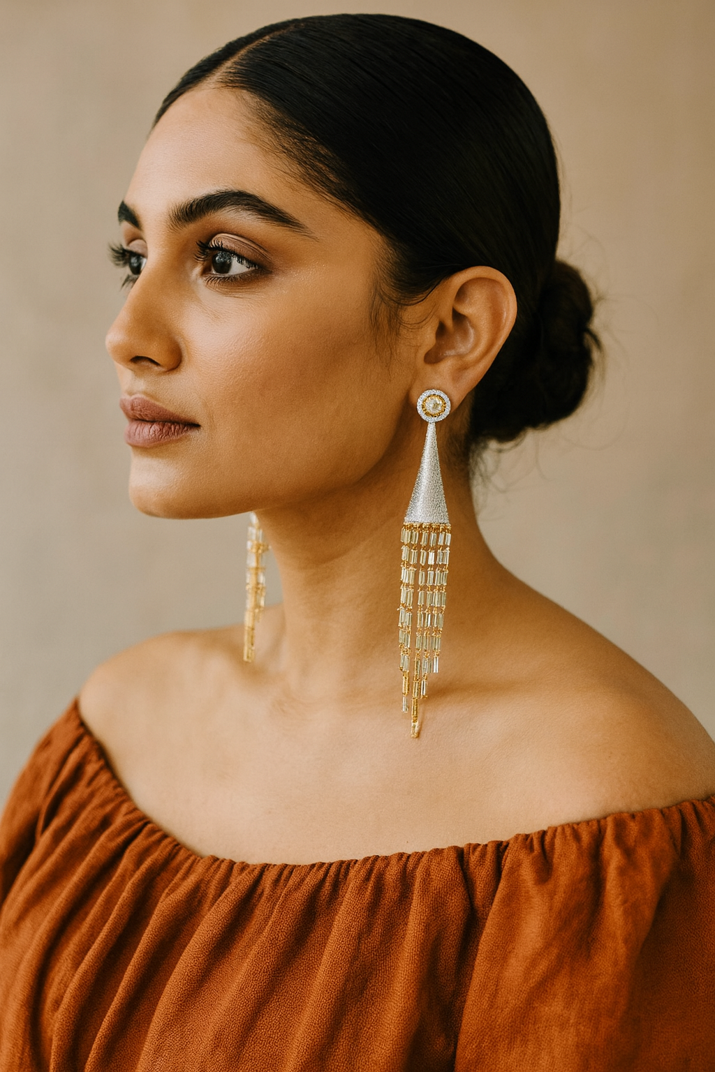 Charming Long Drop Earrings with Emerald Golden Chains