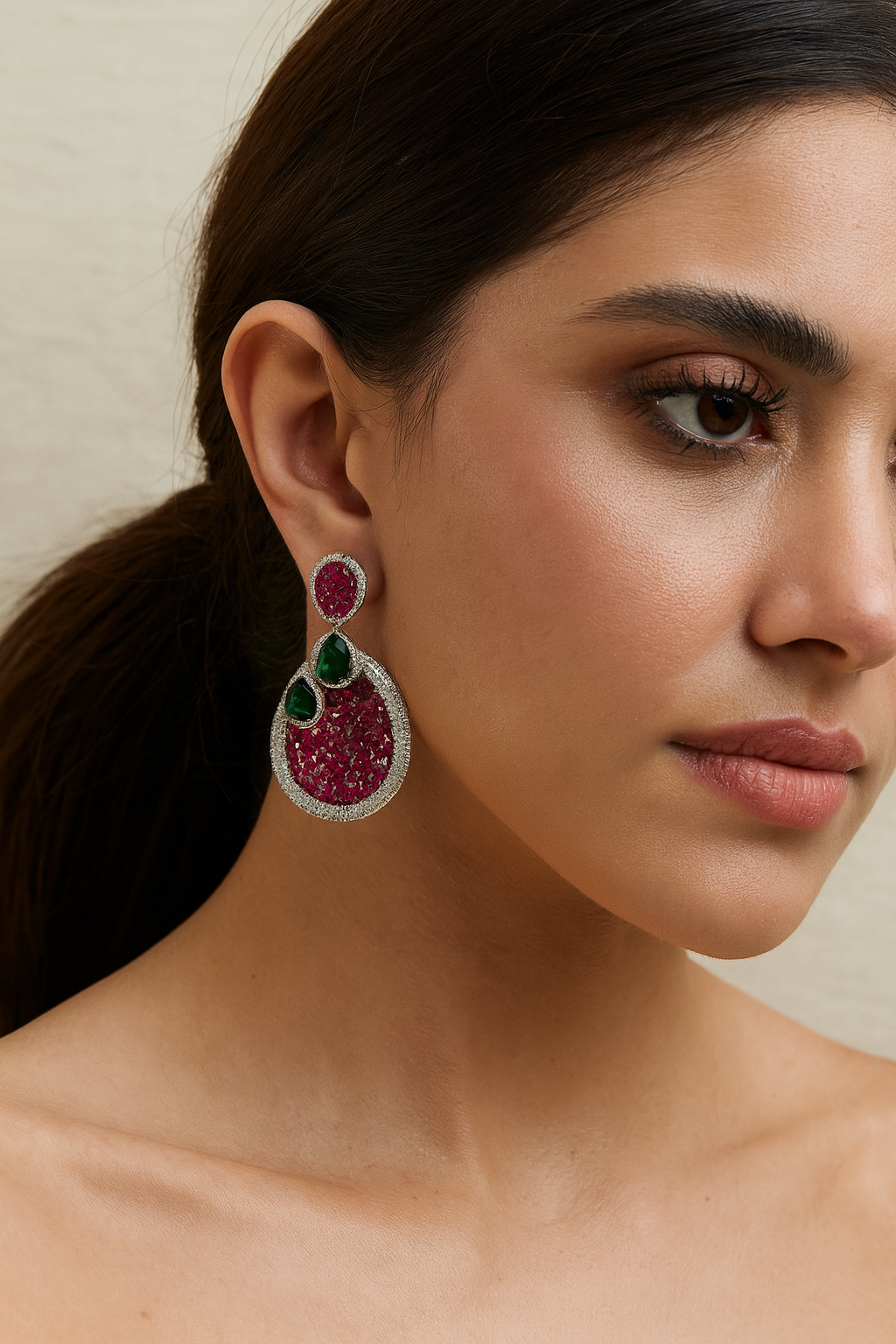 Elegant Teardrop Earrings with Pink & Emerald Stones
