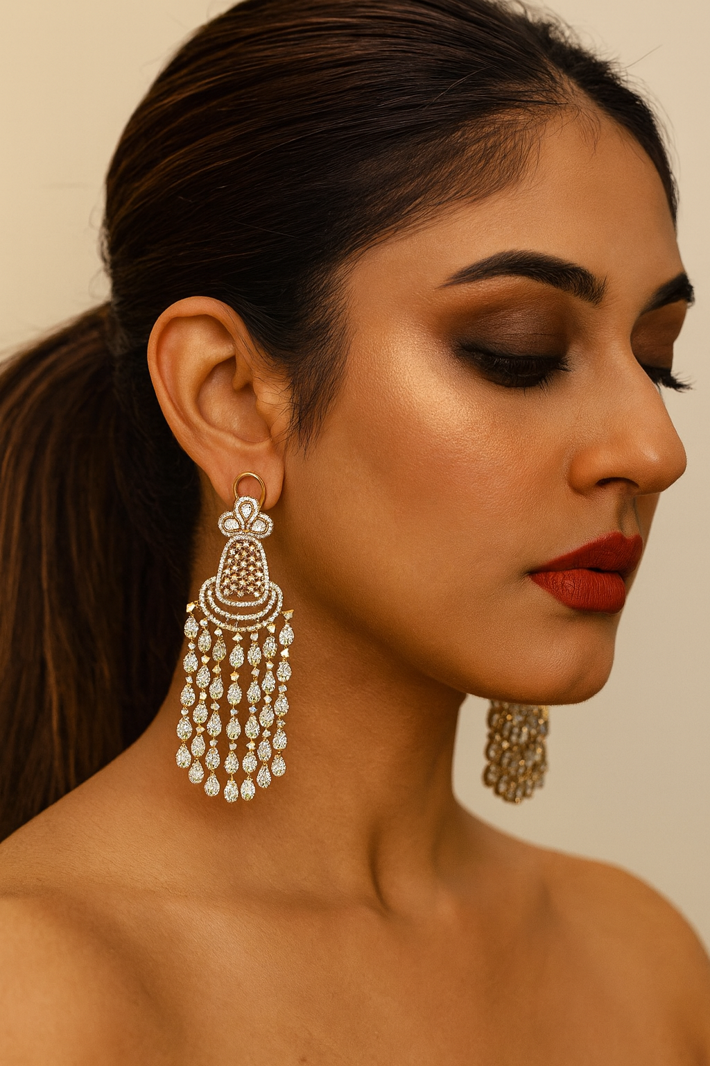 Gold Plated Tassel Drop Earrings with CZ Stone