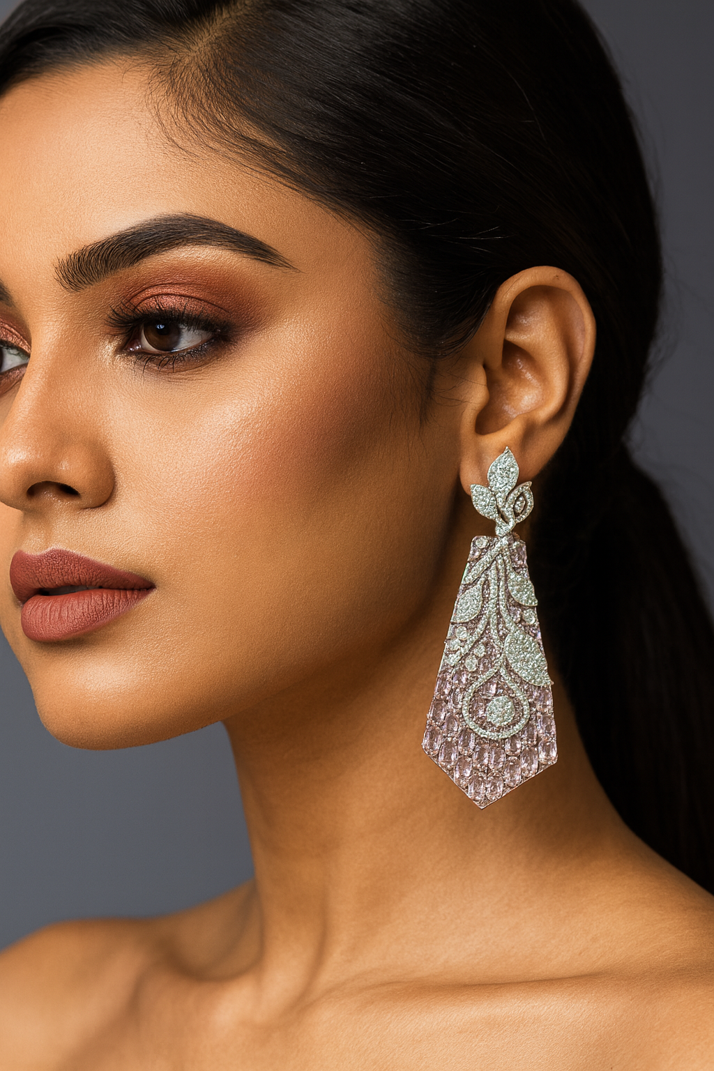 Floral Leaf Pink Statement Earrings with CZ Stone For Women