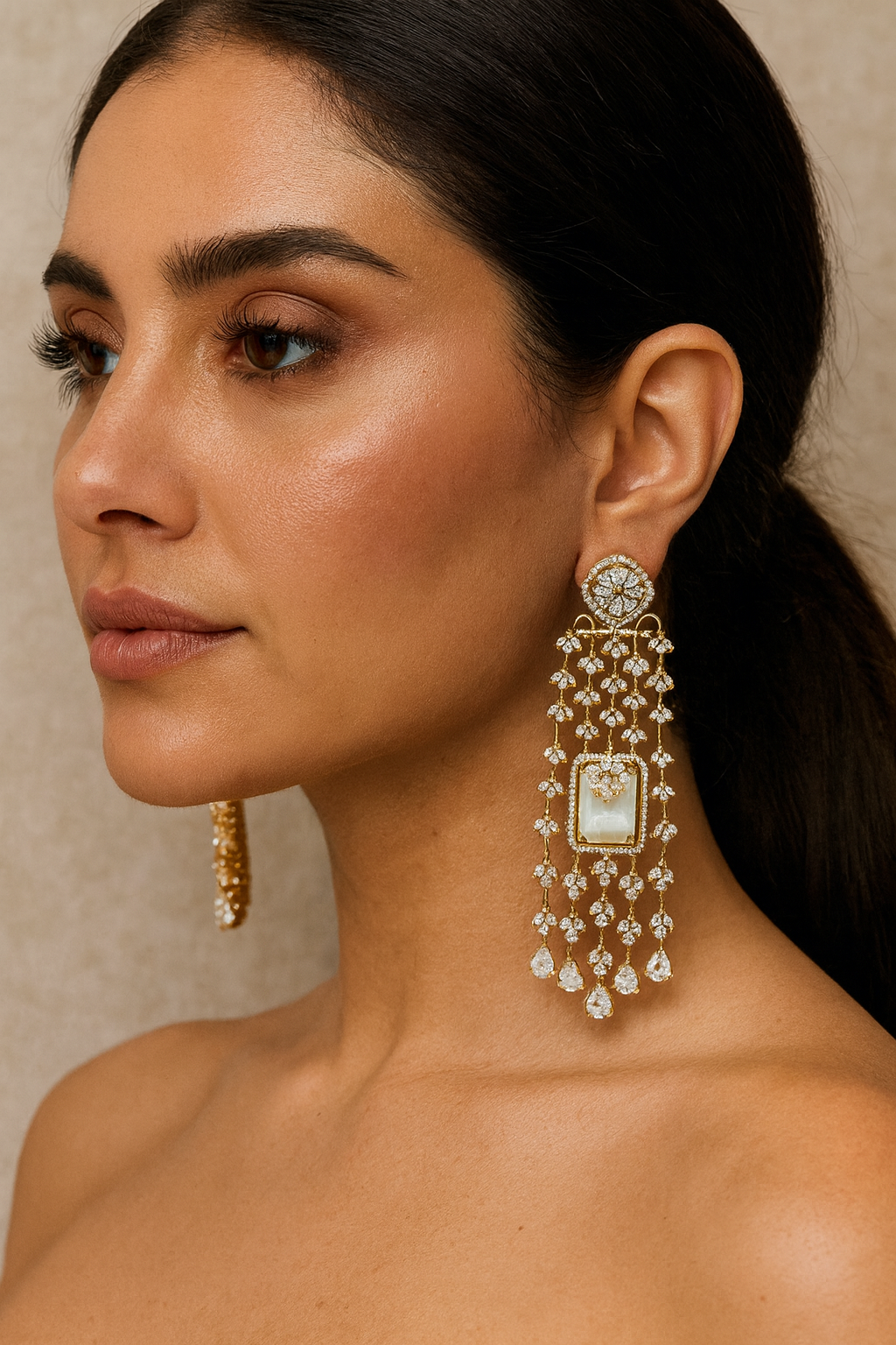 Gold Plated Mother of Pearl Dangle with CZ Stone For Women