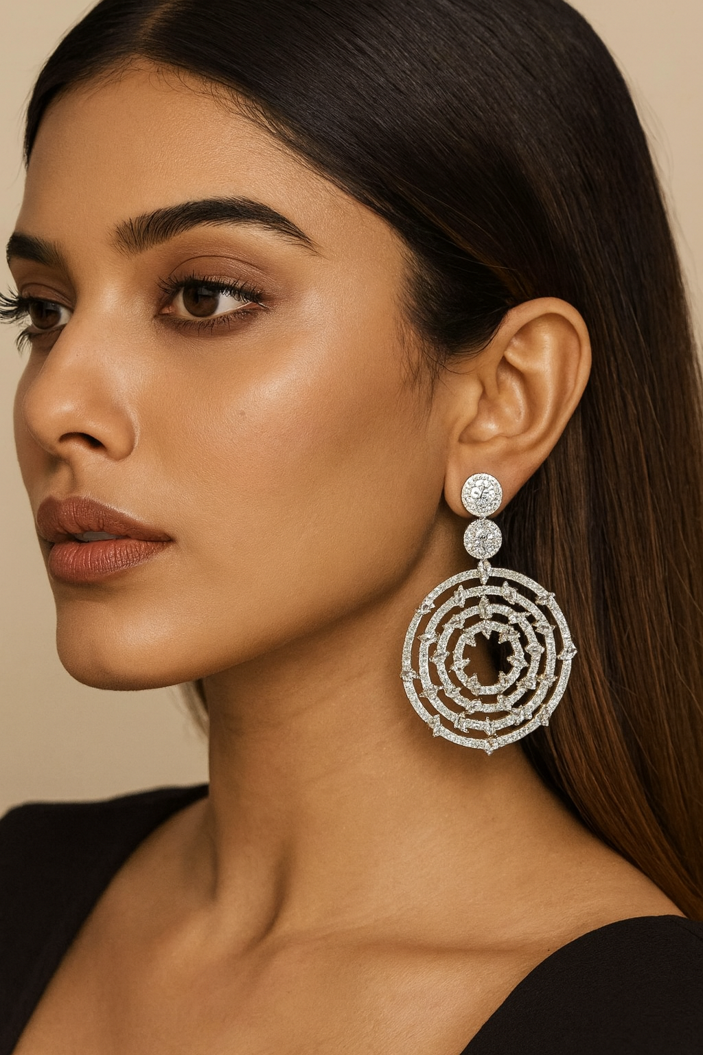 Elegant Round Hoop Drop Earrings with cz stone and Gold Plated