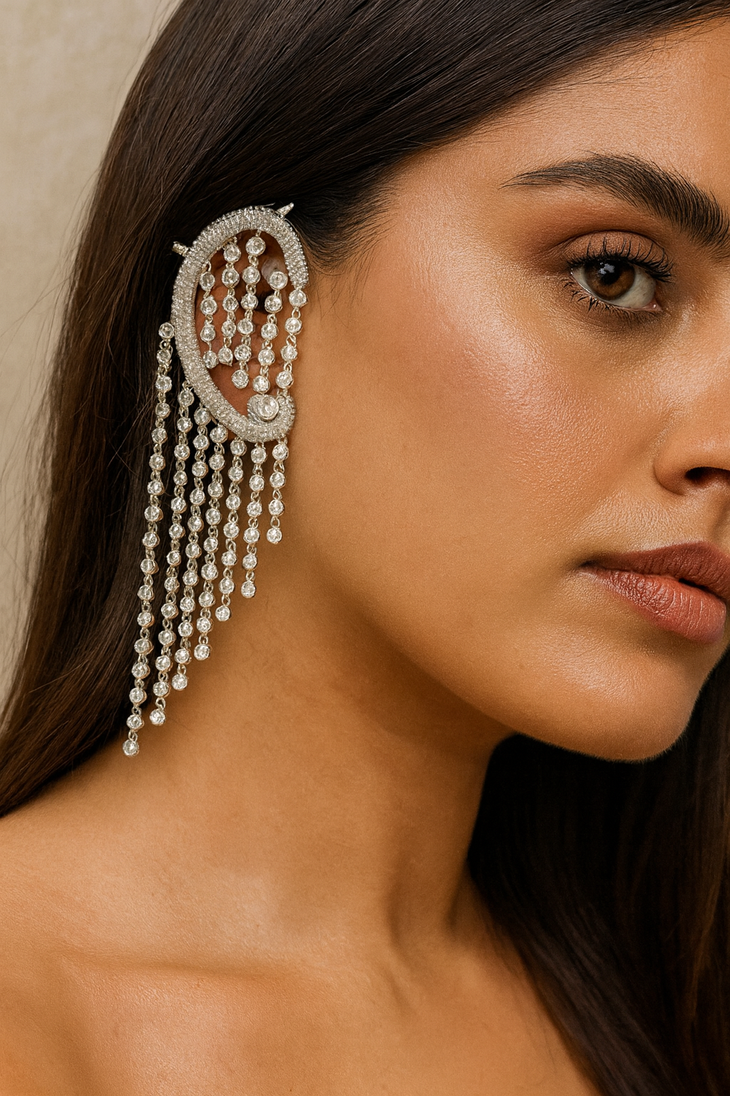 Elegant Crystal Ear Cuff with Tassel Chains For Women And Girl