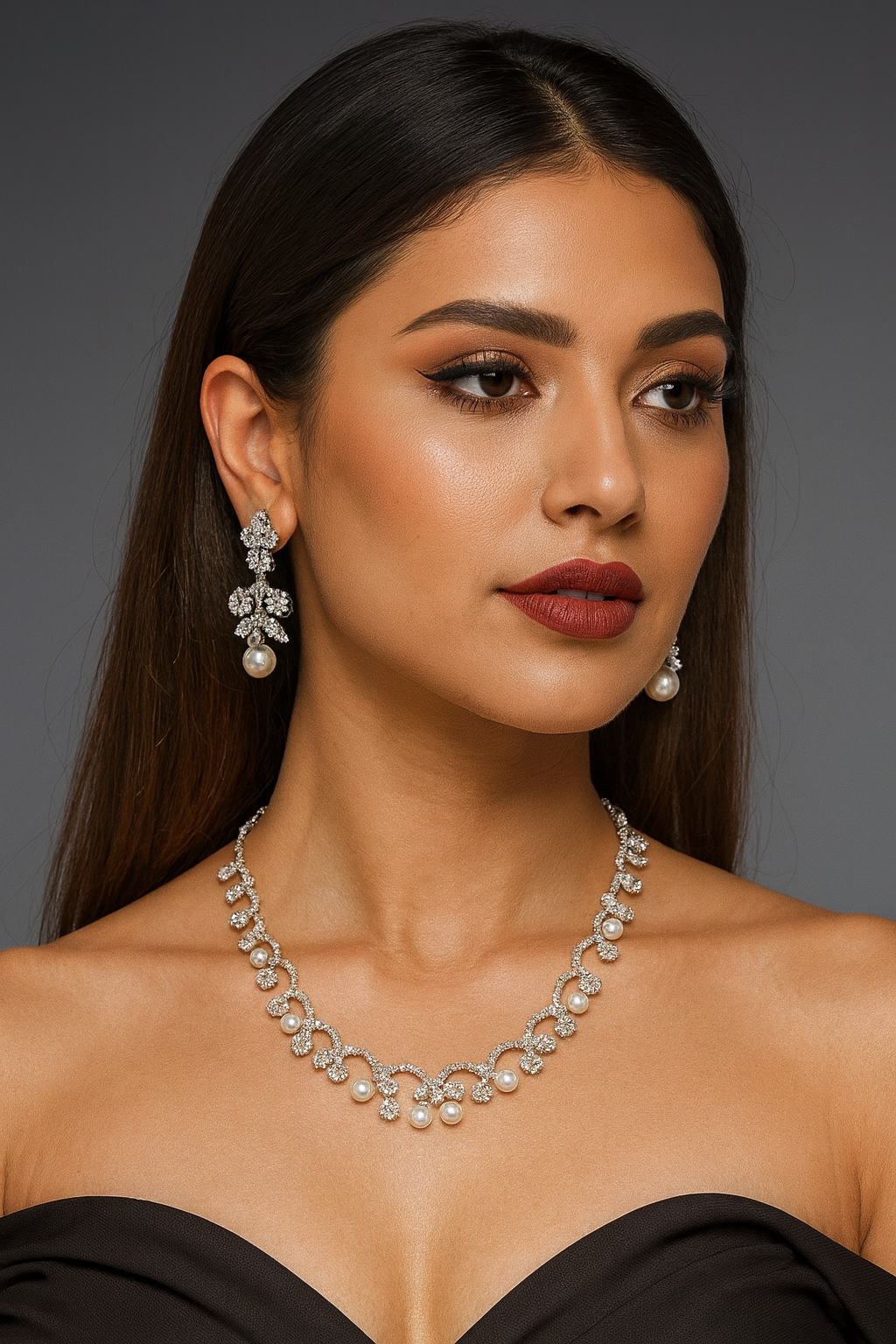 Elegant Pearl & CZ Stone Necklace with Earrings For Women