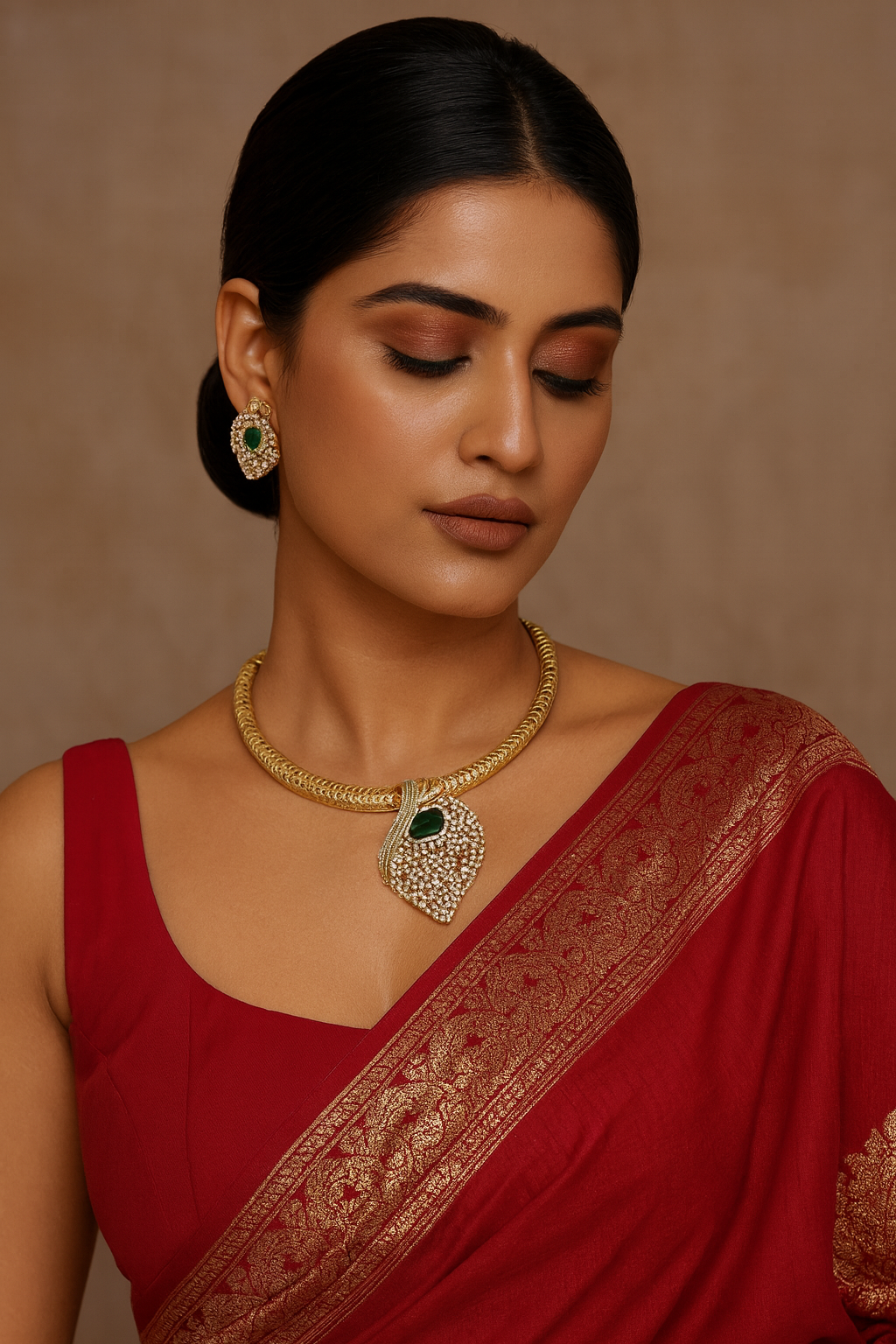 Elegant Gold-Tone Necklace Set with Green Stone and Sparkling CZ