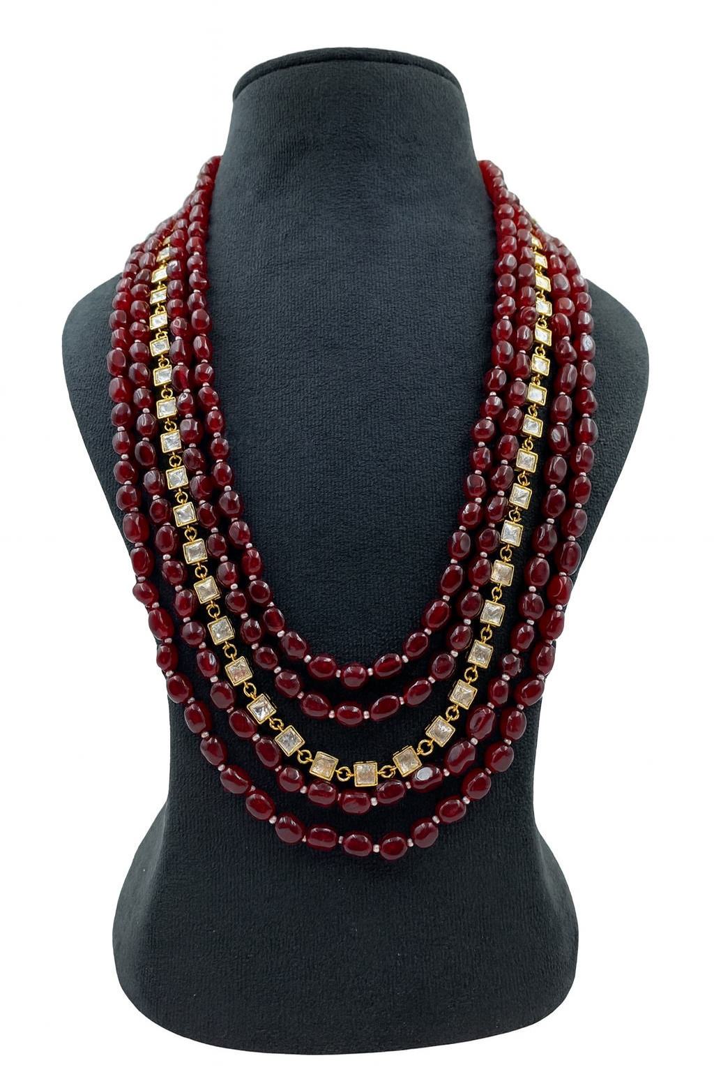 Grand Emerald Red Beaded Mala with Gold & Stone with Five Layer