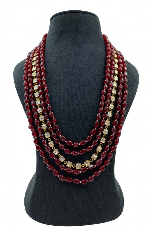 Grand Emerald Red Beaded Mala with Gold & Stone with Five Layer