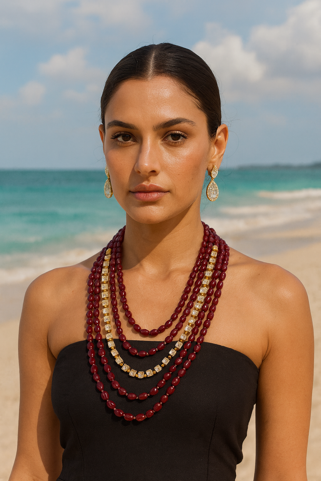 Grand Emerald Red Beaded Mala with Gold & Stone with Five Layer