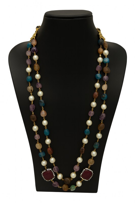 Elegant Double Layer Red and White Beaded Mala with Pearls