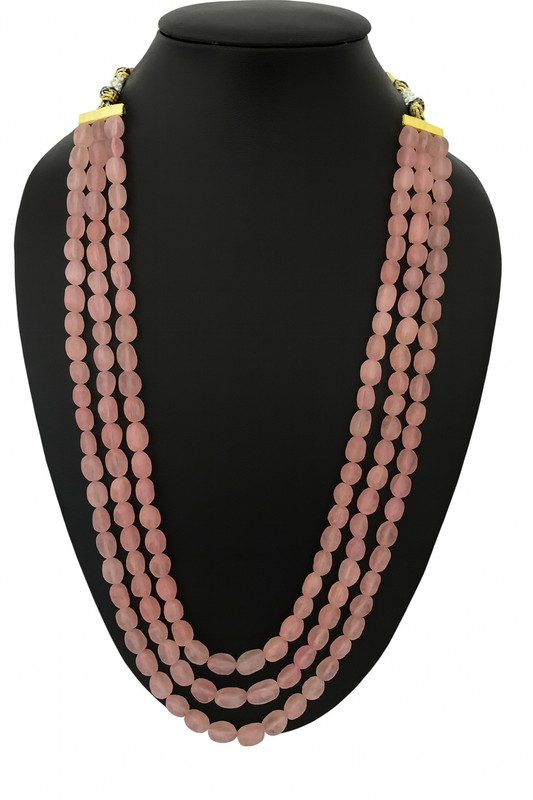 Ethnic Handcrafted three Layer Mint Pink Beaded Cz Mala for Women