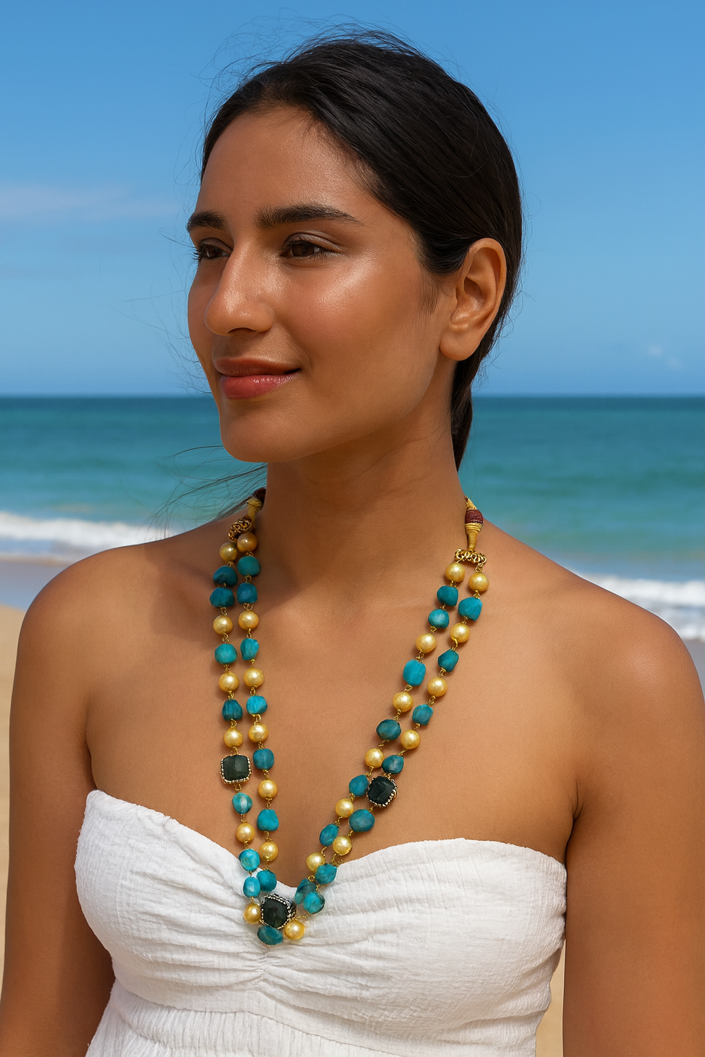 Elegant Double Layer Aqua blue Beaded Mala with Pearls