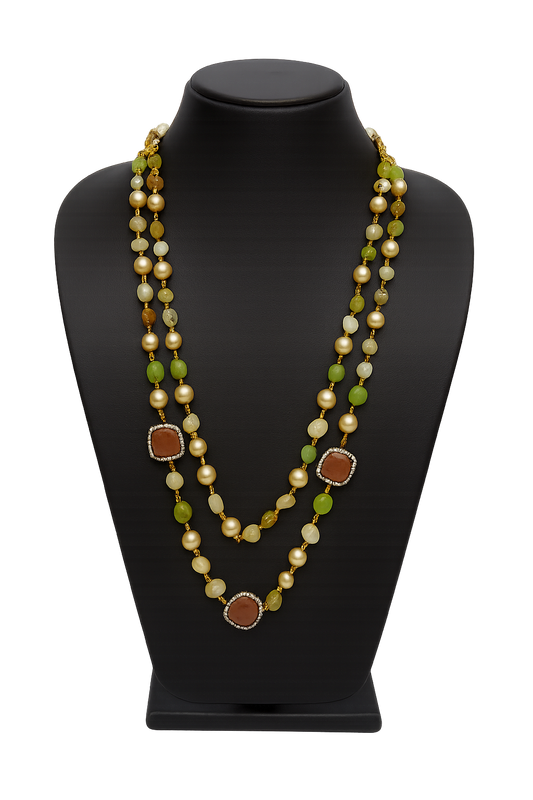 Elegant Double Layer Golden Beaded Mala with Pearls