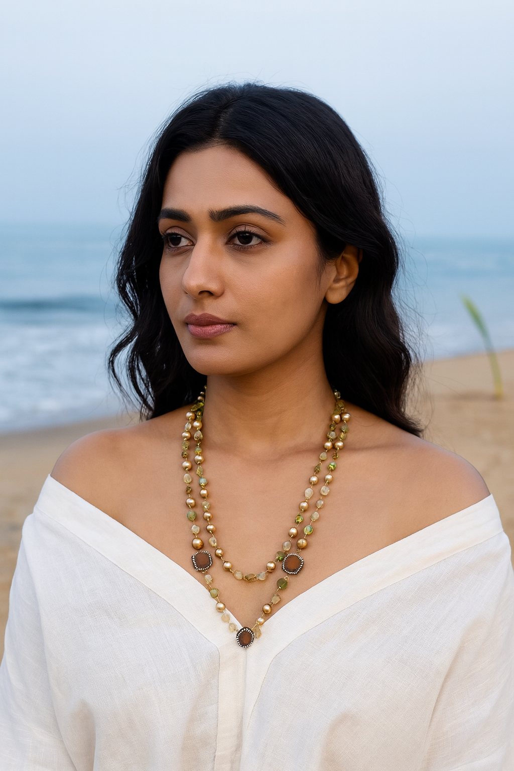 Elegant Double Layer Golden Beaded Mala with Pearls